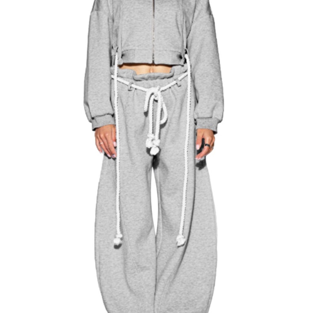 Black~Rope Detail Cropped Hoodie & Wide-Leg Sweatpant Set - Picture 3 of 8